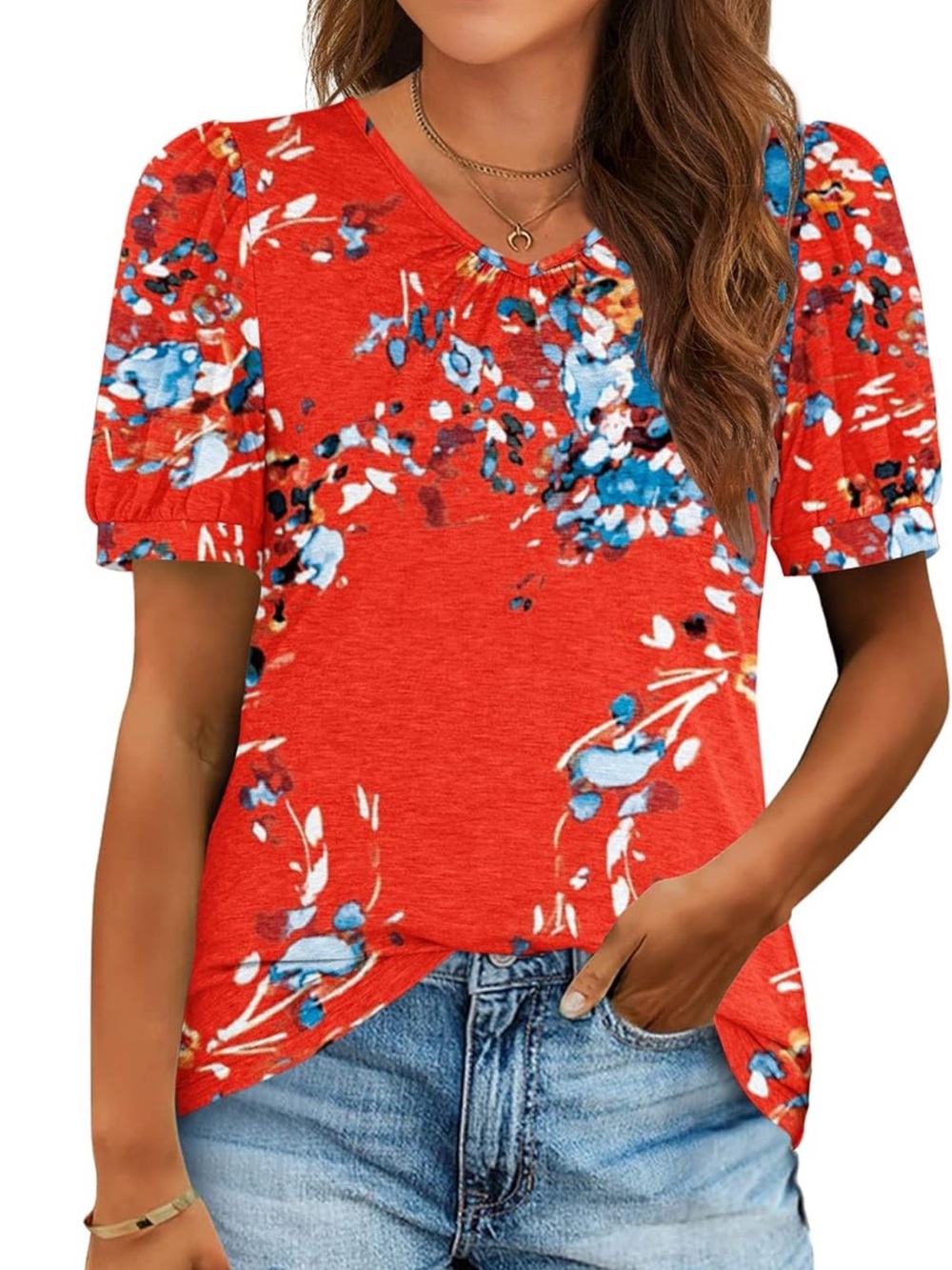 Auselily Top T-Shirt Tee Short Puff Sleeve Floral V-Neck Top Orange L